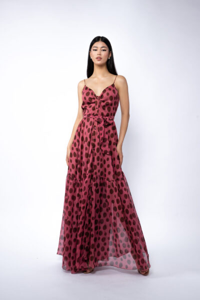 Rochie lunga din matase cu bretele si imprimeu cu buline