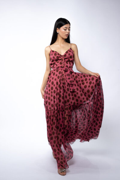 Rochie lunga din matase cu bretele si imprimeu cu buline - imagine 3