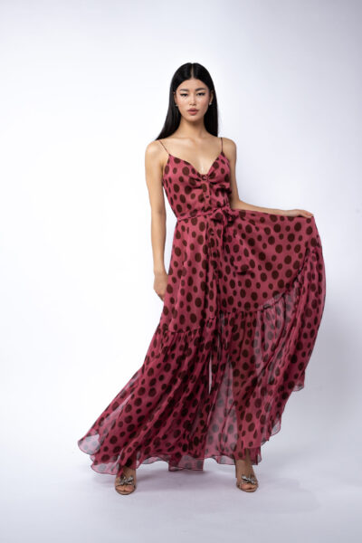 Rochie lunga din matase cu bretele si imprimeu cu buline - imagine 2