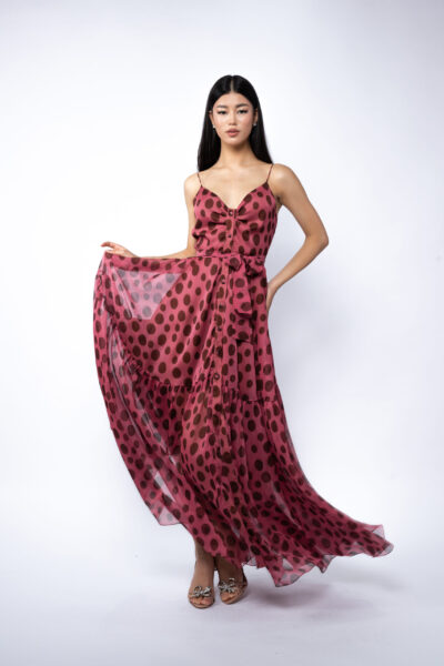 Rochie lunga din matase cu bretele si imprimeu cu buline - imagine 4