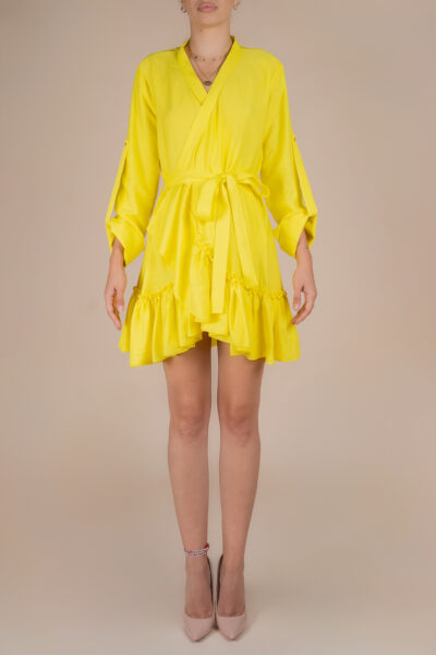 Rochie petrecuta cu mansete late si volan Yellow