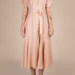 Rochie camasa midi cu volan si cordon Beige Light