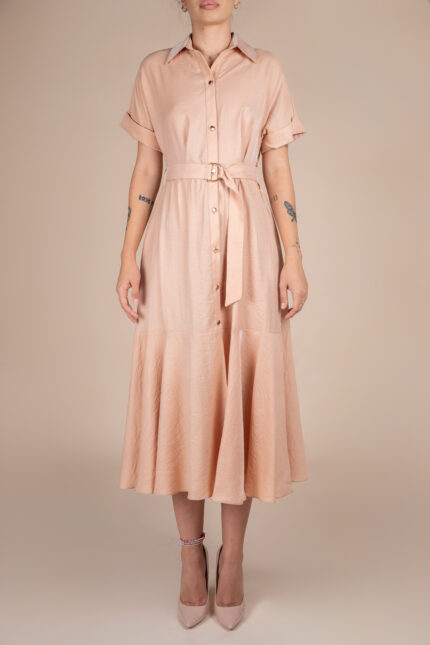 Rochie camasa midi cu volan si cordon Beige Light