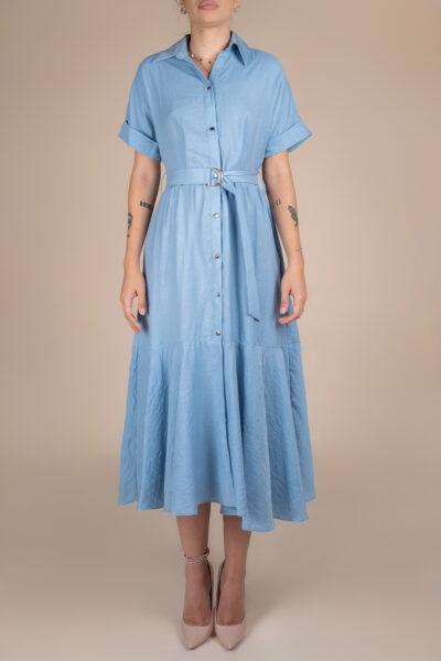 Rochie camasa midi cu volan si cordon Blue