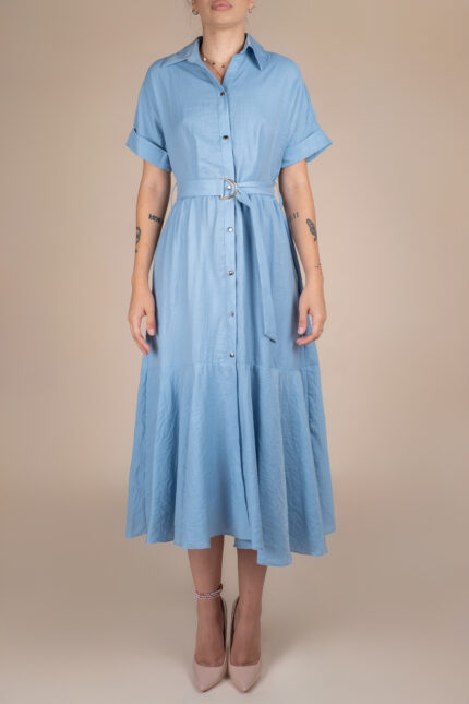 Rochie camasa midi cu volan si cordon Blue