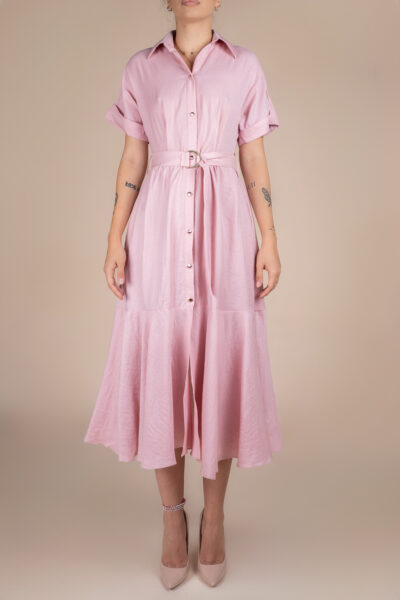 Rochie camasa midi cu volan si cordon Pink