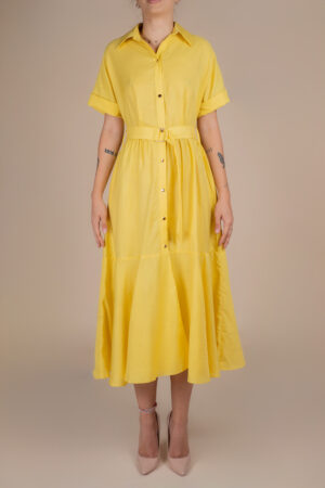 Rochie camasa midi cu volan si cordon Yellow