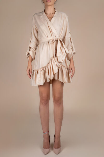 Rochie petrecuta cu mansete late si volan Nude