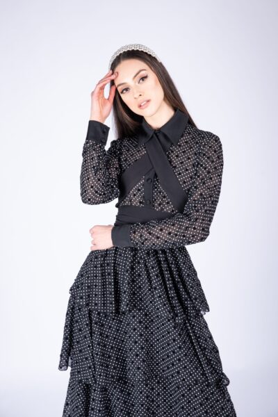 Rochie lunga cu volane ample si imprimeu polka dots - imagine 2