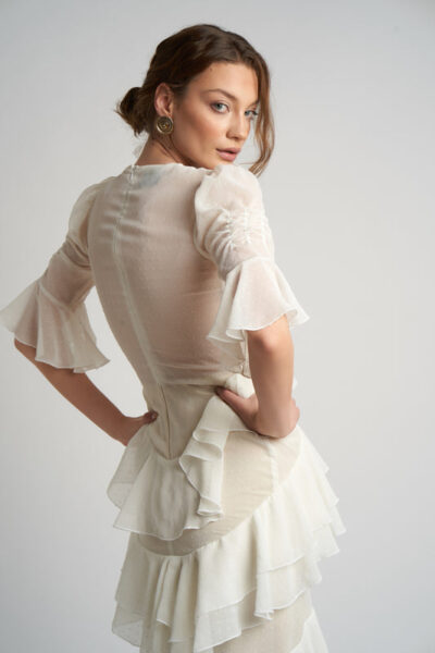 Rochie lunga cu volane  si corset integrat - imagine 2