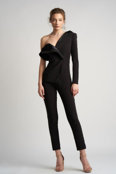 Salopeta asimetrica cu detalii satinate din matase