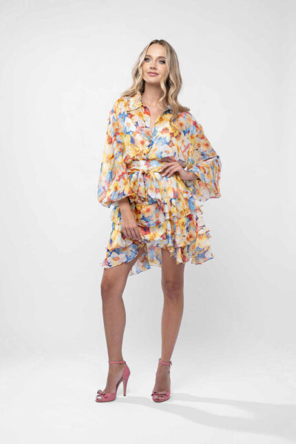 Rochie scurta tip camasa din matase cu imprimeu floral