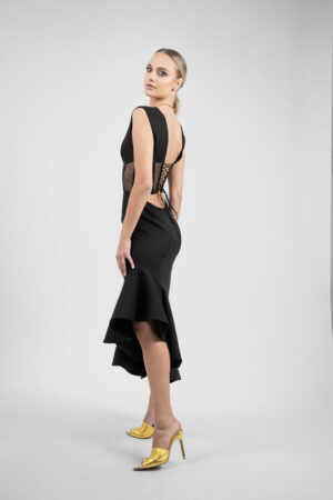 Rochie midi neagra cu corset transparent si fusta asimetrica - imagine 4