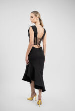 Rochie midi neagra cu corset transparent si fusta asimetrica - imagine 2