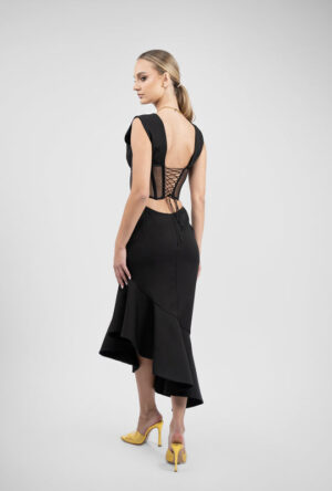 Rochie midi neagra cu corset transparent si fusta asimetrica - imagine 2