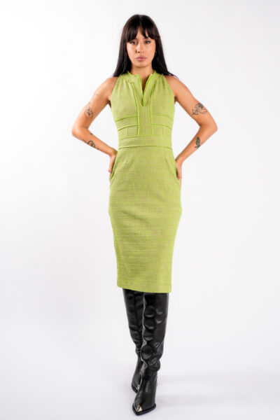 Rochie midi cambrata din tweed lime