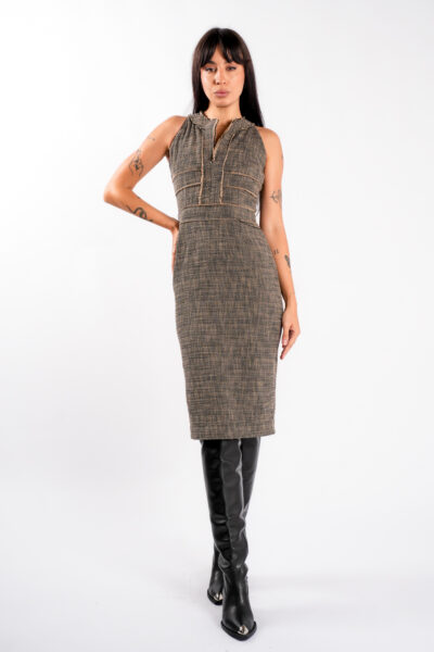 Rochie midi cambrata din tweed cappuccino