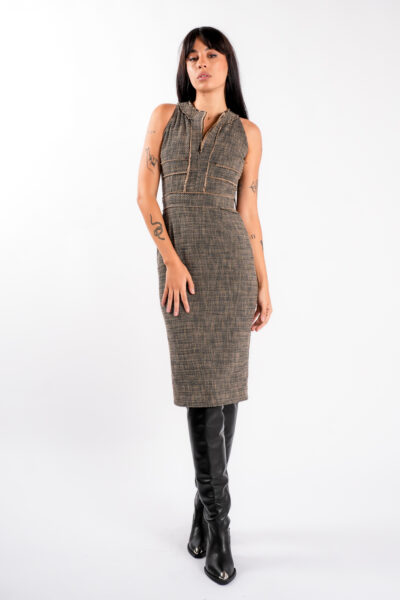 Rochie midi cambrata din tweed cappuccino - imagine 2