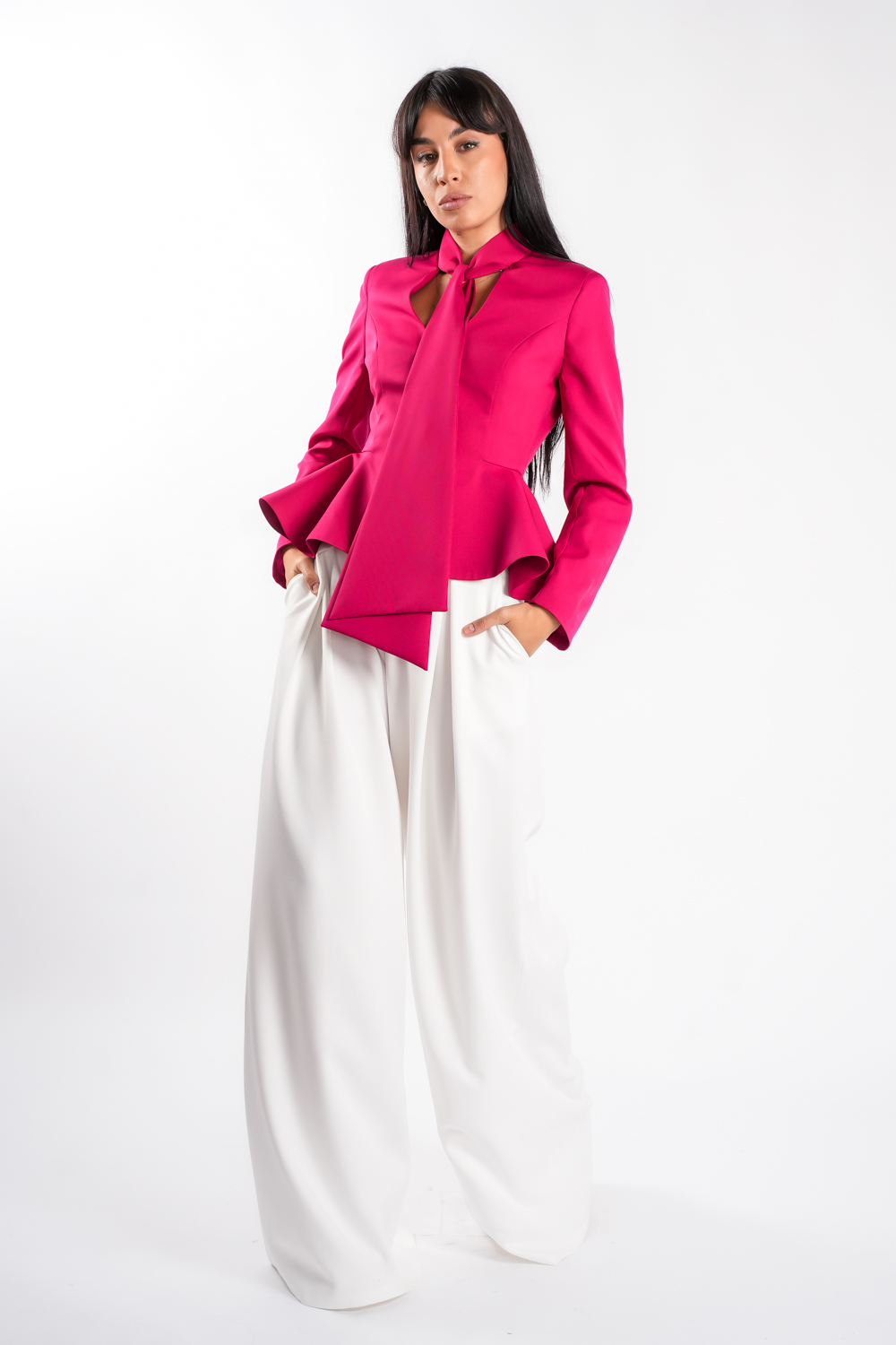 DSC03558 Sacou cu esarfe si talie structurata Fucsia - imagine 1
