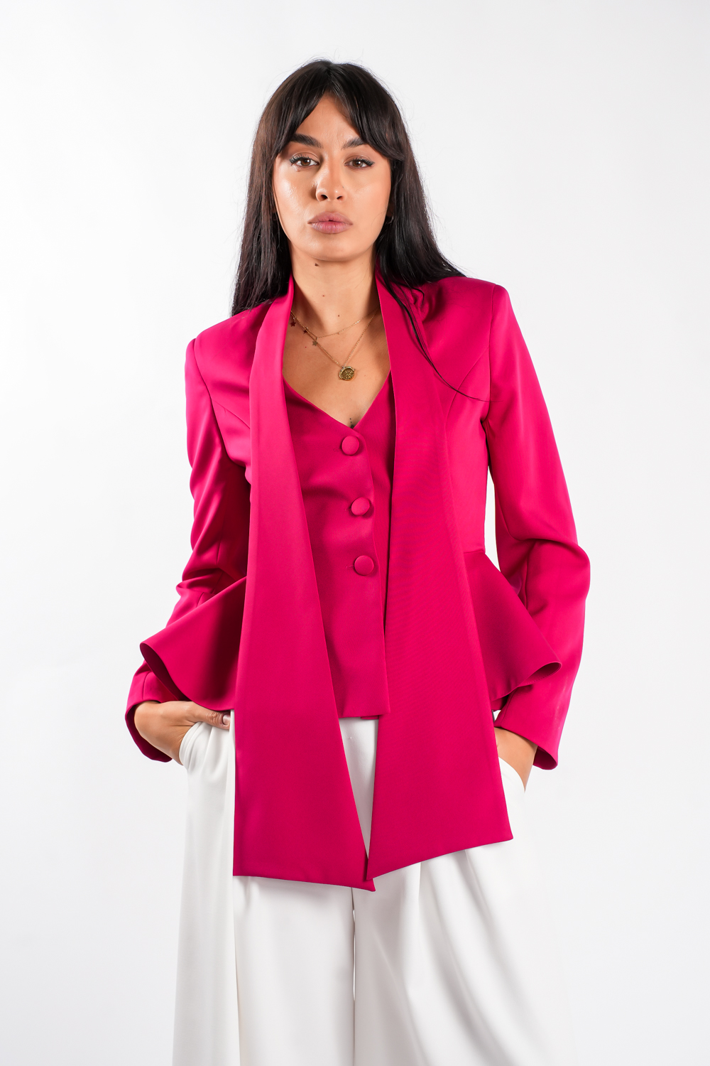 DSC03562 Sacou cu esarfe si talie structurata Fucsia - imagine 3