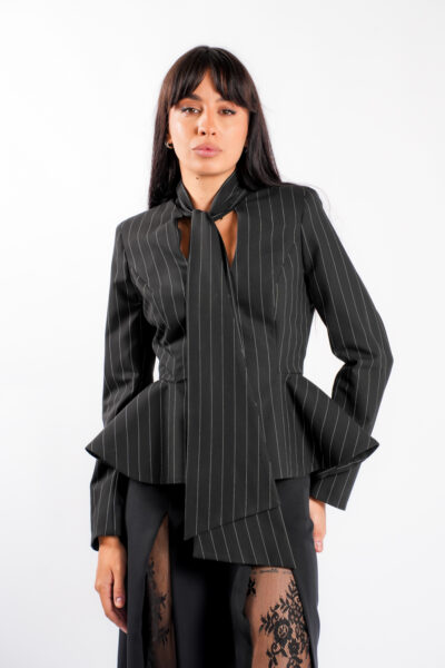 Sacou cu esarfe si talie structurata Black Print - imagine 2