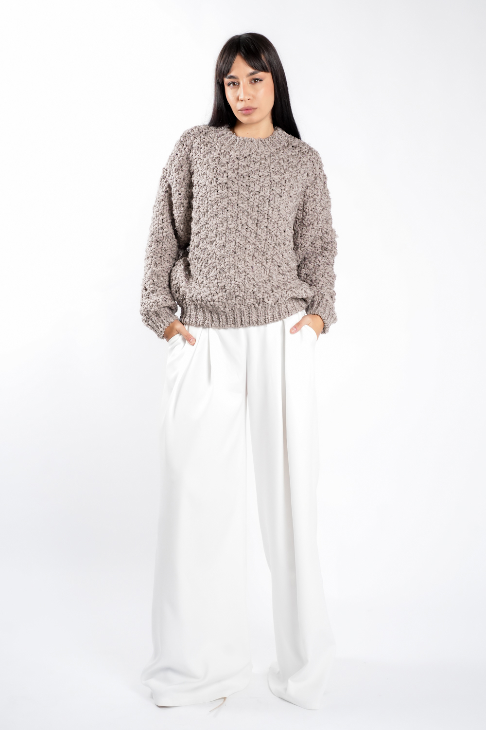 pulover Pulover texturat oversized Cappuccino - imagine 1