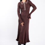 Rochie midi Brown cu guler contrastant