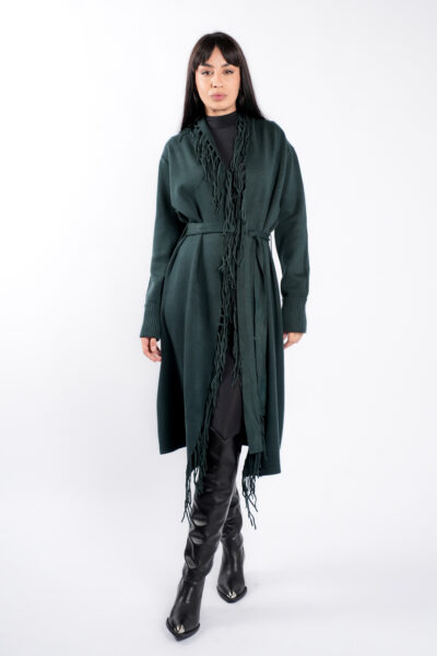 Cardigan Green din modal cu franjuri si cordon - imagine 3