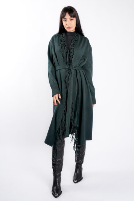 Cardigan Green din modal cu franjuri si cordon