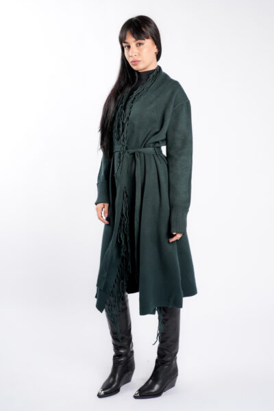 Cardigan Green din modal cu franjuri si cordon - imagine 2