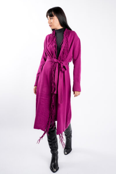 Cardigan Purple din modal cu franjuri si cordon