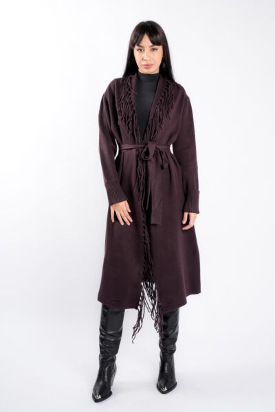 Cardigan Brown din modal cu franjuri si cordon