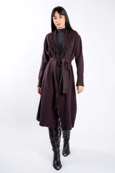 Cardigan Brown din modal cu franjuri si cordon - imagine 2