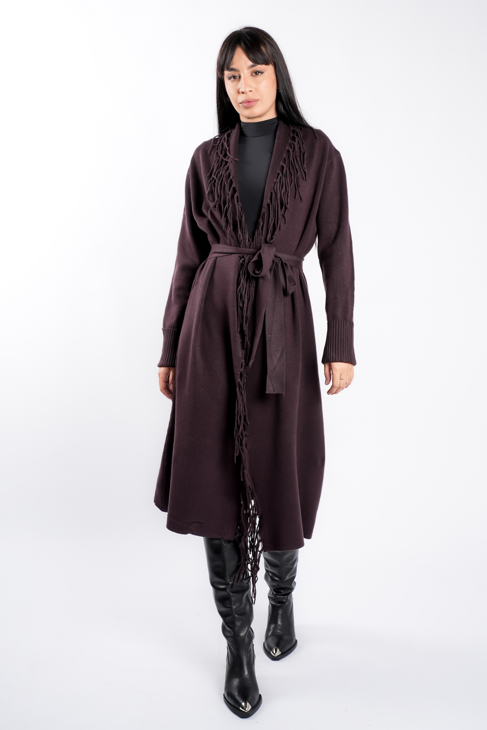 DSC04637 Cardigan Brown din modal cu franjuri si cordon - imagine 2