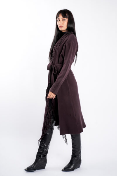 Cardigan Brown din modal cu franjuri si cordon - imagine 3