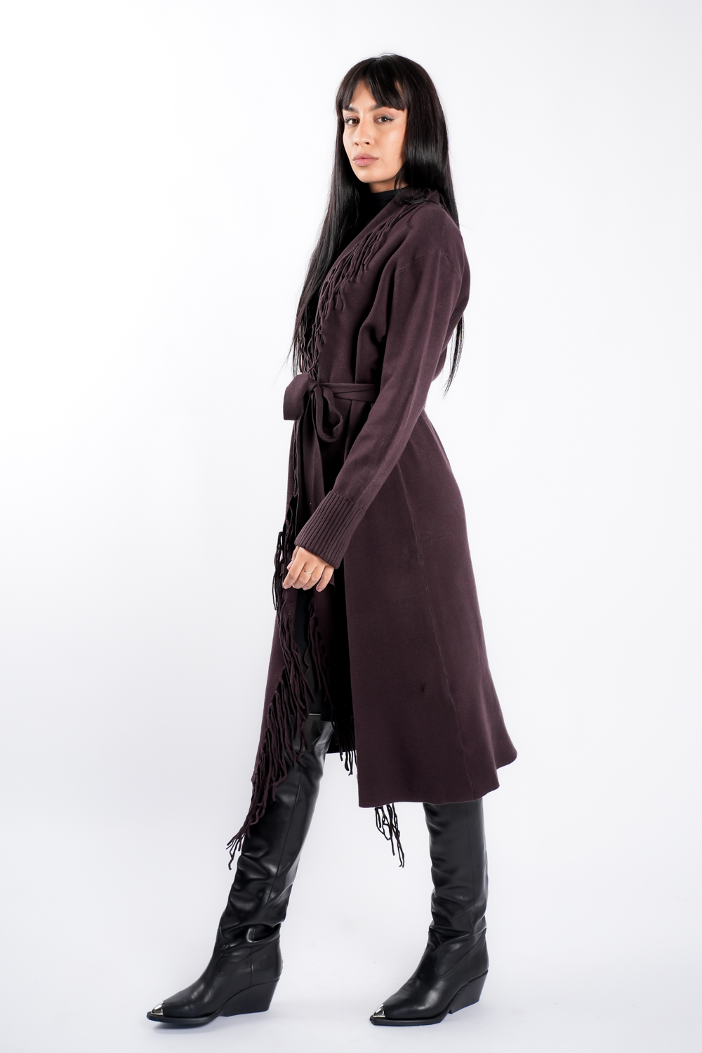 DSC04639 Cardigan Brown din modal cu franjuri si cordon - imagine 3