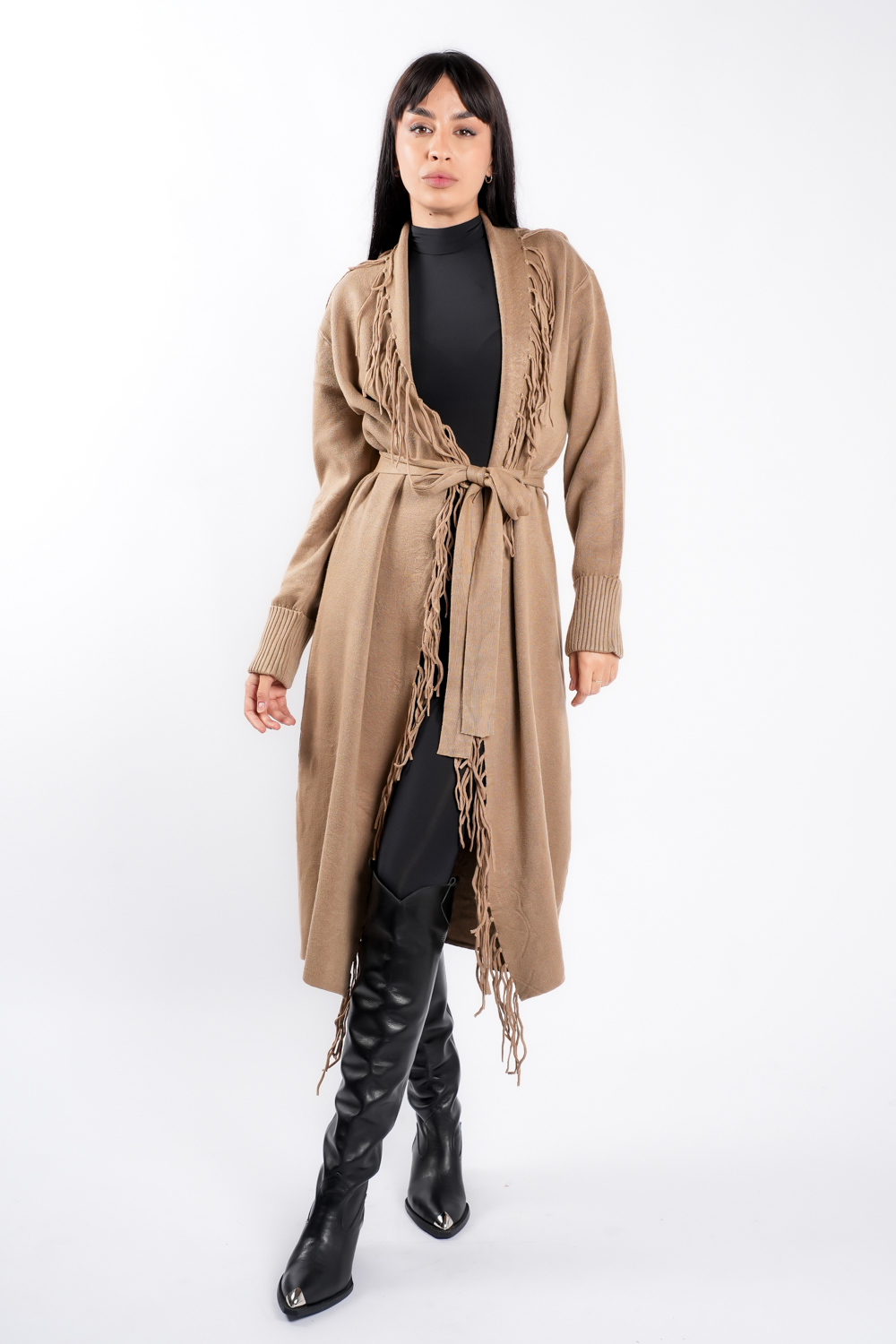 DSC04641 Cardigan Dark Beige din modal cu franjuri si cordon - imagine 2