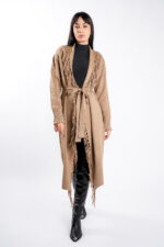 Cardigan Dark Beige din modal cu franjuri si cordon