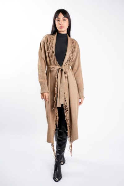 Cardigan Dark Beige din modal cu franjuri si cordon
