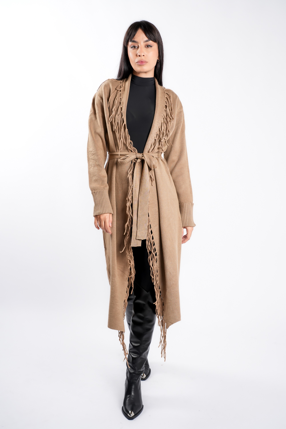 DSC04642 Cardigan Dark Beige din modal cu franjuri si cordon - imagine 1