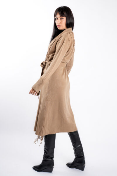 Cardigan Dark Beige din modal cu franjuri si cordon - imagine 3