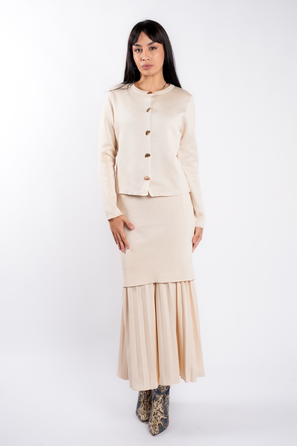 DSC04700 Rochie tricot cu pliseuri si jacheta asortata Ivory - imagine 2