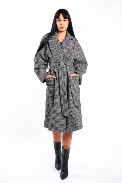 Palton oversize cu imprimeu grafic si cordon - imagine 2