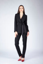 Sacou negru cambrat cu detalii de satin - imagine 6