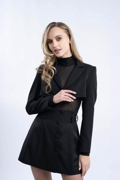 Fustă mini tip A cu nasturi îmbrăcați și talie accentuată - imagine 2