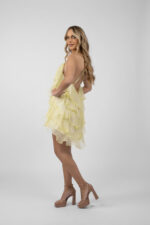 Rochie Lucky scurta din matase cu volane ample Yellow print - imagine 4