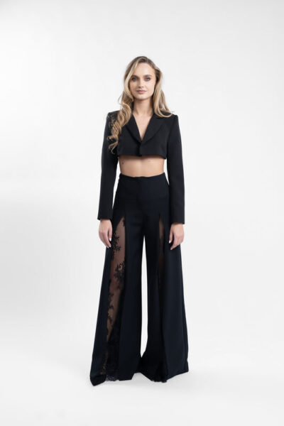 Pantaloni evazați cu inserții din dantelă Chantilly - imagine 3