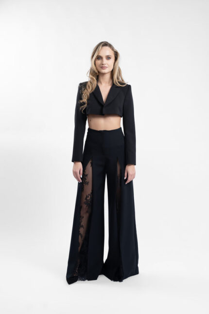 Pantaloni evazați cu inserții din dantelă Chantilly - imagine 3