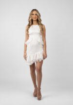 Rochie scurta alba cu volane si spate gol din matase - imagine 3