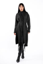 Cardigan Black din modal cu franjuri si cordon